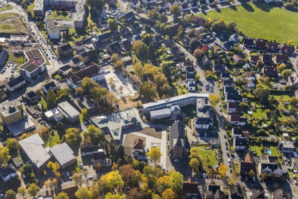 Aerial view, Caritas retirement home St. Josef and new building Haus der Begegnung and Heilig Kreuz Kirche as well as Lessingschule in the district of Herringen in Hamm, Ruhr area, North Rhine-Westphalia, Germany, retirement home, old people's home, retirement home, place of worship, care and nursing, education, educational institution, DE, Europe, religious community, place of worship, Hamm, sanctuary, church, parish, denomination, educational institute, aerial photography, aerial photography, aerial photography, care facility, religion, religious site, school, retirement home, retirement residence, retirement home, retirement centre, overview, bird's eye view, bird's eye view, overview