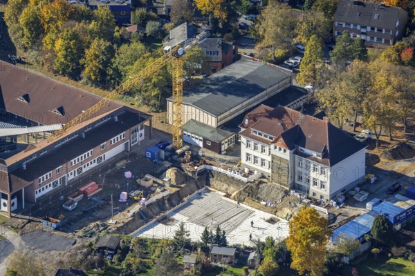 Aerial view, construction site and renovation Arnold-Freymuth-Gesamtschule / Falkschule in the district Herringen in Hamm, Ruhr area, North Rhine-Westphalia, Germany, construction work, construction area, construction site, construction measure, construction project, construction site, education, educational institution, DE, Europe, comprehensive school, Hamm, teaching institute, aerial view, aerial photography, aerial photography, renovation, renovation, school, overview, bird's-eye view, overview