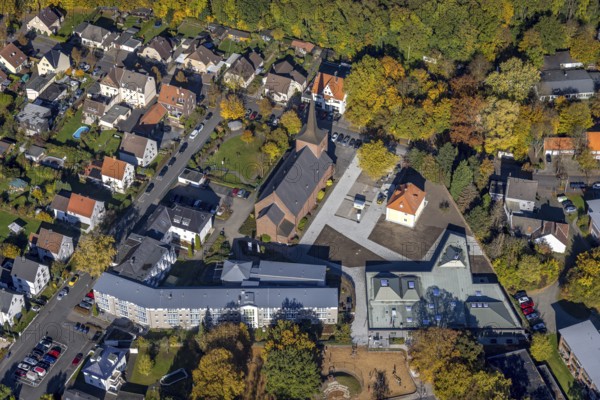 Aerial view, Caritas retirement home St. Josef and new building Haus der Begegnung and Heilig Kreuz Kirche in the district of Herringen in Hamm, Ruhr area, North Rhine-Westphalia, Germany, retirement home, old people's home, place of worship, care and nursing, DE, Europe, religious community, place of worship, Hamm, holy place, church, parish, denomination, aerial view, aerial photography, aerial photography, care facility, religion, religious site, retirement home, retirement residence, retirement home, retirement centre, overview, bird's eye view, birds-eyes view, overview