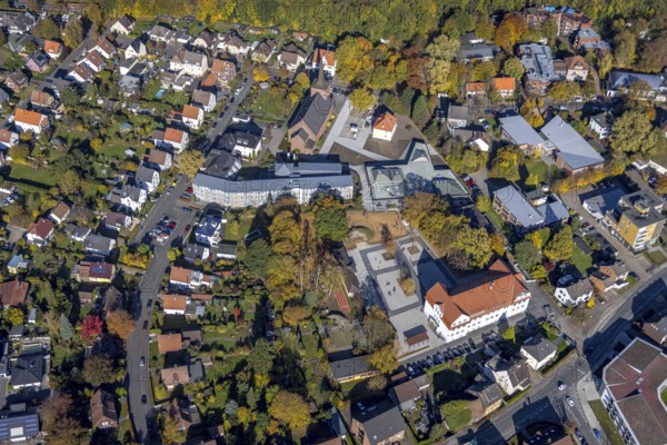 Aerial view, Caritas retirement home St. Josef and new building Haus der Begegnung and Heilig Kreuz Kirche in the district of Herringen in Hamm, Ruhr area, North Rhine-Westphalia, Germany, retirement home, old people's home, place of worship, care and nursing, education, educational institution, DE, Europe, religious community, place of worship, Hamm, sanctuary, church, parish, denomination, educational institute, aerial photography, aerial photography, aerial photography, care facility, religion, religious site, school, retirement home, retirement residence, retirement home, retirement centre, overview, bird's-eye view, overview