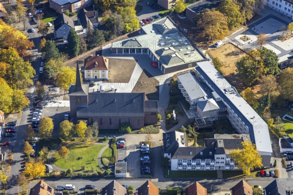 Aerial view, Caritas retirement home St. Josef and new building Haus der Begegnung and Heilig Kreuz Kirche in the district of Herringen in Hamm, Ruhr area, North Rhine-Westphalia, Germany, retirement home, old people's home, place of worship, care and nursing, DE, Europe, religious community, place of worship, Hamm, holy place, church, parish, denomination, aerial view, aerial photography, aerial photography, care facility, religion, religious site, retirement home, retirement residence, retirement home, retirement centre, overview, bird's eye view, birds-eyes view, overview