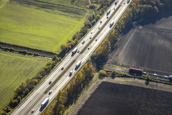 Aerial view, Planned extension of the A1 motorway in the Sandbochum area in the Overberge district of Bergkamen, Ruhr area, North Rhine-Westphalia, Germany, Bergkamen, DE, Europe, aerial view, aerial photography, aerial photography, overview, bird's-eye view, overview