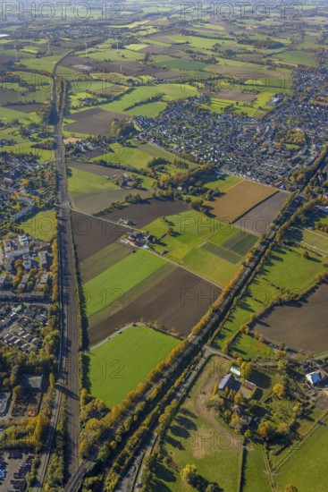 Aerial view, flooded area between marshalling yard, Wiescher Bach, Heeringer Bach, Kamener Straße and Daberg in the district Pelkum in Hamm, Ruhr area, North Rhine-Westphalia, Germany, DE, Europe, Hamm, aerial view, aerial photography, aerial photography, overview, bird's-eye view, meadows and fields, birds-eyes view, overview, flooded area, flooded area