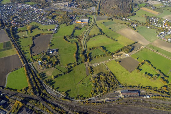 Aerial view, flooded area between marshalling yard, Wiescher Bach, Heeringer Bach, Kamener Straße and Daberg in the district Pelkum in Hamm, Ruhr area, North Rhine-Westphalia, Germany, DE, Europe, Hamm, aerial view, aerial photography, aerial photography, overview, bird's-eye view, meadows and fields, birds-eyes view, overview, flooded area, flooded area