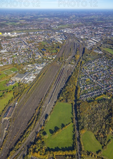 Aerial view, marshalling yard in the Pelkum district of Hamm, Ruhr area, North Rhine-Westphalia, Germany, railway tracks, railway station, DE, Deutsche Bahn AG, Europe, Hamm, aerial view, aerial photography, aerial photography, marshalling yard, overview, bird's-eye view, overview