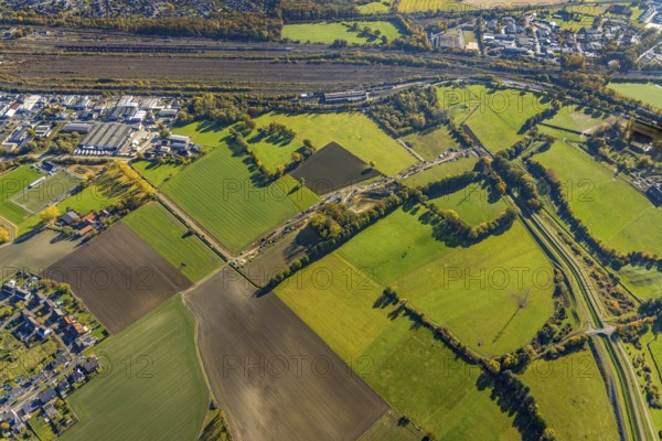 Aerial view, flooded area between marshalling yard, Wiescher Bach, Heeringer Bach, Kamener Straße and Daberg in the district Pelkum in Hamm, Ruhr area, North Rhine-Westphalia, Germany, DE, Europe, Hamm, aerial view, aerial photography, aerial photography, overview, bird's-eye view, meadows and fields, birds-eyes view, overview, flooded area, flooded area