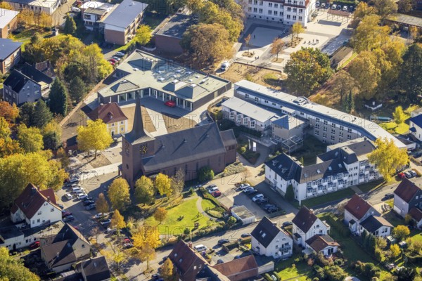 Aerial view, Caritas retirement home St. Josef and new building Haus der Begegnung and Heilig Kreuz Kirche in the district of Herringen in Hamm, Ruhr area, North Rhine-Westphalia, Germany, retirement home, old people's home, place of worship, care and nursing, DE, Europe, religious community, place of worship, Hamm, holy place, church, parish, denomination, aerial view, aerial photography, aerial photography, care facility, religion, religious site, retirement home, retirement residence, retirement home, retirement centre, overview, bird's eye view, birds-eyes view, overview