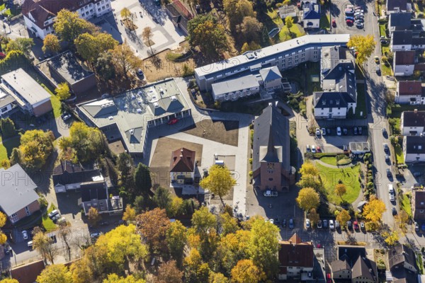 Aerial view, Caritas retirement home St. Josef and new building Haus der Begegnung and Heilig Kreuz Kirche in the district of Herringen in Hamm, Ruhr area, North Rhine-Westphalia, Germany, retirement home, old people's home, place of worship, care and nursing, DE, Europe, religious community, place of worship, Hamm, holy place, church, parish, denomination, aerial view, aerial photography, aerial photography, care facility, religion, religious site, retirement home, retirement residence, retirement home, retirement centre, overview, bird's eye view, birds-eyes view, overview