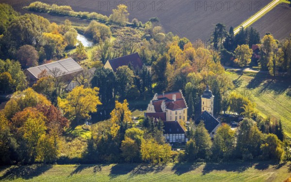Aerial view, Haus Reck in Lerche in the Overberge district of Bergkamen, Ruhr area, North Rhine-Westphalia, Germany