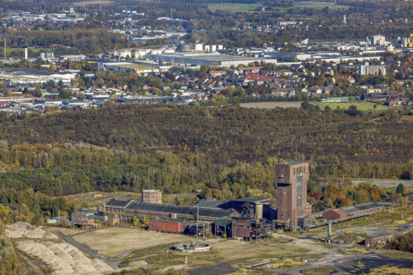 Aerial view, CreativRevier Hamm at the former Ost Zeche Heinrich Robert colliery with hammerhead tower in the Pelkum district of Hamm, Ruhr area, North Rhine-Westphalia, Germany, mine, Heinrich Robert colliery, DE, Europe, commercial enterprises, commercial area, commercial park, commercial location, commercial use, Hamm, industrial facilities, industrial area, industrial building, industrial site, aerial view, aerial photography, aerial photography, coal mine, tower, overview, bird's-eye view, birds-eyes view, former Ost colliery, historical, historical site, overview, destroyed building