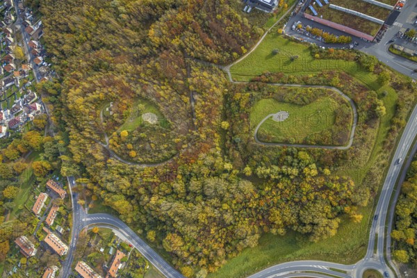 Aerial photo, Windsegelhalde and Panoramahalde in the district Heessen in Hamm, Ruhr area, North Rhine-Westphalia, Germany, DE, Europe, Hamm, autumn colours, aerial photo, aerial photography, aerial photography, park, park area, overview, bird's eye view, birds-eyes view, autumnal forest, overview