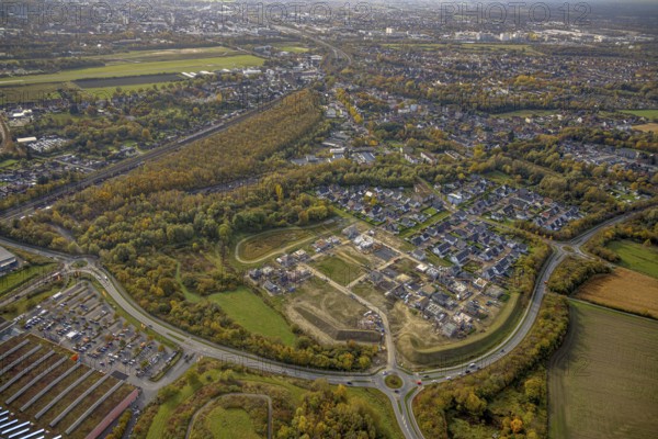 Aerial view, construction area Heimshof Ost at Sachsenring in the district Heessen in Hamm, Ruhr area, North Rhine-Westphalia, Germany, construction work, construction, construction area, construction site, building plots, construction project, construction site, DE, Europe, property tax, Hamm, real estate, roundabout, roundabout, aerial view, aerial photography, aerial photography, new construction, overview, bird's eye view, residential complex, living and living, residential area, residential buildings, residential quality, residential neighbourhood, residential estate, birds-eyes view, overview