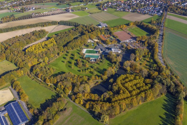 Aerial view, Selbachpark with hotel and swimming pool in the district Pelkum in Hamm, Ruhr area, North Rhine-Westphalia, Germany, bathing establishment, bathing resort, DE, Europe, outdoor pool, gastronomy, Hamm, hotel, hotel facilities, hotel business, aerial view, aerial photography, aerial photography, park, swimming pool, swimming pool, overview, bird's-eye view, overview