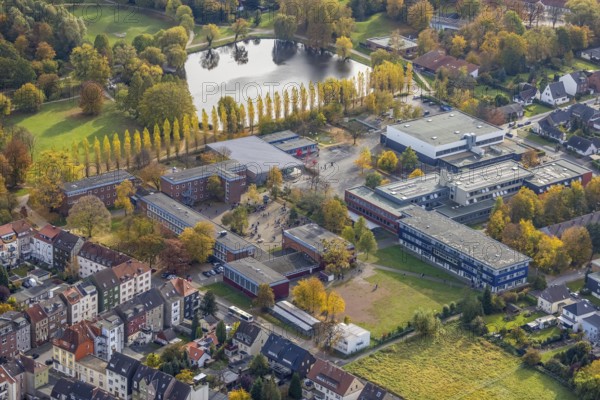 Aerial view, Märkisches Gymnasium and Friedrich-Ebert-Realschule in the district Pelkum in Hamm, Ruhr area, North Rhine-Westphalia, Germany, education, educational institution, DE, Europe, grammar school, Hamm, educational institute, aerial photograph, aerial photography, aerial photography, secondary school, school, overview, bird's eye view, birds-eyes view, overview