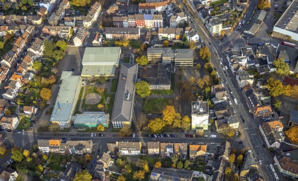 Aerial view, Eduard-Spranger-Berufskolleg and Friedrich-List-Berufskolleg and Vorheider Weg bunker in the Mitte district of Hamm, Ruhr area, North Rhine-Westphalia, Germany, education, educational institution, DE, Europe, Hamm, bunker, college school, teaching institute, aerial view, aerial photography, aerial photography, school, overview, bird's-eye view, birds-eyes view, overview