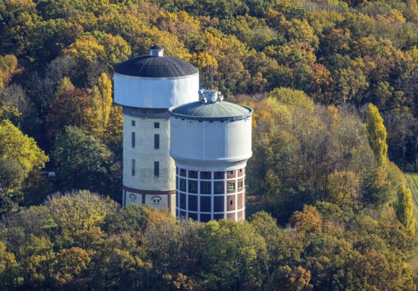 Aerial view, water towers Hamm-Berge in the district Pelkum in Hamm, Ruhr area, North Rhine-Westphalia, Germany, DE, Europe, Hamm, aerial view, aerial photography, aerial photography, drinking water reservoir, drinking water supply, tower, overview, bird's eye view, water tower, birds-eyes view, overview
