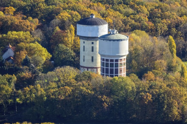 Aerial view, water towers Hamm-Berge in the district Pelkum in Hamm, Ruhr area, North Rhine-Westphalia, Germany, DE, Europe, Hamm, aerial view, aerial photography, aerial photography, drinking water reservoir, drinking water supply, tower, overview, bird's eye view, water tower, birds-eyes view, overview
