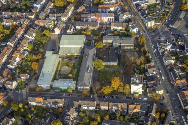 Aerial view, Eduard-Spranger-Berufskolleg and Friedrich-List-Berufskolleg and Vorheider Weg bunker in the Mitte district of Hamm, Ruhr area, North Rhine-Westphalia, Germany, education, educational institution, DE, Europe, Hamm, bunker, college school, teaching institute, aerial view, aerial photography, aerial photography, school, overview, bird's-eye view, birds-eyes view, overview
