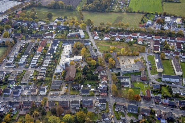 Aerial view, St. Boniface Catholic Church, St. Boniface Senior Citizens' Centre and St. Boniface Catholic Kindergarten. Kindergarten Bonifatius and Hermann-Gmeiner-Schule in the district of Herringen in Hamm, Ruhr area, North Rhine-Westphalia, Germany, retirement home, old people's home, retirement home, place of worship, care and nursing, education, educational institution, DE, Europe, religious community, place of worship, Hamm, holy place, kindergarten, day care centre, day nursery, church, parish, day nursery, denomination, educational institute, aerial photography, aerial photography, care facility, religion, religious site, school, retirement home, retirement residence, retirement home, retirement centre, overview, bird's-eye view, overview