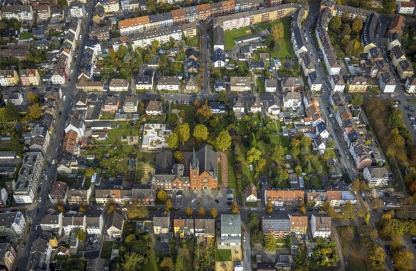 Aerial view, Evangelical Church of Christ and Kindergarten Christuskirche in the district Mitte in Hamm, Ruhr area, North Rhine-Westphalia, Germany, place of worship, DE, Europe, religious community, place of worship, Hamm, holy place, kindergarten, day-care centre, day-care facility, church, church community, day-care centre, denomination, aerial view, aerial photography, aerial photography, religion, religious site, overview, bird's-eye view, overview