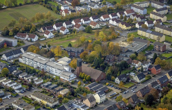Aerial view, St. Boniface Catholic Church, St. Boniface Senior Citizens' Centre and St. Boniface Catholic Kindergarten. Kindergarten Bonifatius in the district of Herringen in Hamm, Ruhr area, North Rhine-Westphalia, Germany, retirement home, old people's home, retirement home, place of worship, care and nursing, DE, Europe, religious community, place of worship, Hamm, holy place, kindergarten, day care centre, day care centre, church, parish, day care centre, denomination, aerial view, aerial photography, aerial photography, care facility, religion, religious site, retirement home, retirement residence, retirement home, retirement centre, overview, bird's-eye view, overview