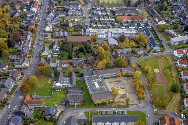 Aerial view, St. Boniface Catholic Church, St. Boniface Senior Citizens' Centre and St. Boniface Catholic Kindergarten. Kindergarten Bonifatius and Hermann-Gmeiner-Schule in the district of Herringen in Hamm, Ruhr area, North Rhine-Westphalia, Germany, retirement home, old people's home, retirement home, place of worship, care and nursing, education, educational institution, DE, Europe, religious community, place of worship, Hamm, holy place, Hermann-Gmeiner-Schule, kindergarten, day care centre, day nursery, church, parish, day nursery, denomination, educational institute, aerial view, aerial photography, aerial photography, care facility, religion, religious site, school, retirement home, retirement residence, retirement home, retirement centre, overview, bird's-eye view, bird's-eye view, overview