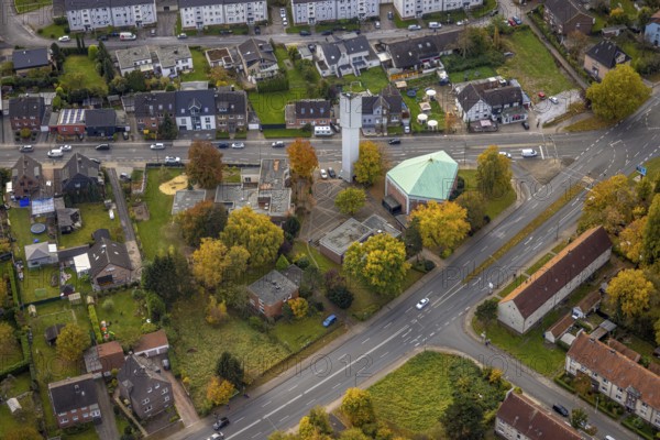 Aerial view, Evangelical Apostle Church and Kindergarten Drei Könige in the district of Herringen in Hamm, Ruhr area, North Rhine-Westphalia, Germany, place of worship, DE, Europe, religious community, place of worship, Hamm, holy place, kindergarten, day care centre, day care centre, church, church community, day care centre, denomination, aerial view, aerial photography, aerial photography, religion, religious site, overview, bird's-eye view, overview