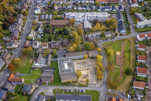Aerial view, St. Boniface Catholic Church, St. Boniface Senior Citizens' Centre and St. Boniface Catholic Kindergarten. Kindergarten Bonifatius and Hermann-Gmeiner-Schule in the district of Herringen in Hamm, Ruhr area, North Rhine-Westphalia, Germany, retirement home, old people's home, retirement home, place of worship, care and nursing, education, educational institution, DE, Europe, religious community, place of worship, Hamm, holy place, Hermann-Gmeiner-Schule, kindergarten, day care centre, day nursery, church, parish, day nursery, denomination, educational institute, aerial view, aerial photography, aerial photography, care facility, religion, religious site, school, retirement home, retirement residence, retirement home, retirement centre, overview, bird's-eye view, bird's-eye view, overview