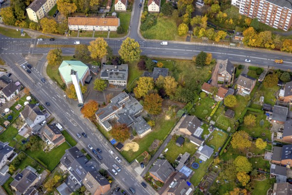 Aerial view, Evangelical Apostle Church and Kindergarten Drei Könige in the district of Herringen in Hamm, Ruhr area, North Rhine-Westphalia, Germany, place of worship, DE, Europe, religious community, place of worship, Hamm, holy place, kindergarten, day care centre, day care centre, church, church community, day care centre, denomination, aerial view, aerial photography, aerial photography, religion, religious site, overview, bird's-eye view, overview