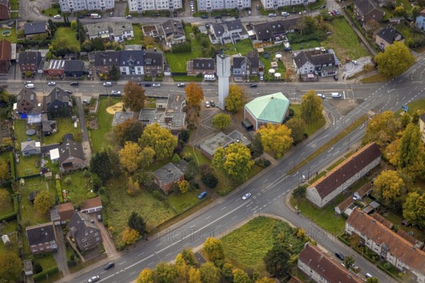 Aerial view, Evangelical Apostle Church and Kindergarten Drei Könige in the district of Herringen in Hamm, Ruhr area, North Rhine-Westphalia, Germany, place of worship, DE, Europe, religious community, place of worship, Hamm, holy place, kindergarten, day care centre, day care centre, church, church community, day care centre, denomination, aerial view, aerial photography, aerial photography, religion, religious site, overview, bird's-eye view, overview
