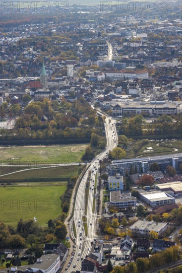 Aerial view, B63 Münsterstraße and Lippeaue as well as city centre view in the district Heessen in Hamm, Ruhr area, North Rhine-Westphalia, Germany, DE, Europe, Hamm, aerial view, aerial photography, aerial photography, overview, bird's eye view, birds-eyes view, overview