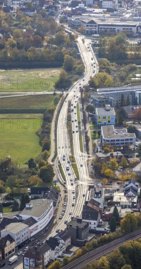 Aerial view, B63 Münsterstraße and Lippeaue in the district Heessen in Hamm, Ruhr area, North Rhine-Westphalia, Germany, DE, Europe, Hamm, aerial view, aerial photography, aerial photography, overview, bird's eye view, birds-eyes view, overview