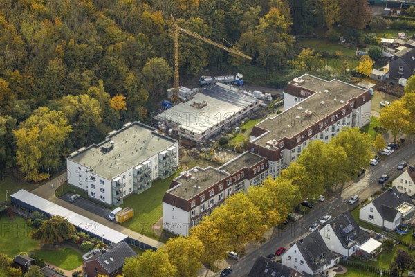 Aerial view, construction site at Wolfgang-Glaubitz-Seniorenzentrum in the district of Heessen in Hamm, Ruhr area, North Rhine-Westphalia, Germany, retirement home, nursing home, care and nursing, DE, Europe, Hamm, aerial view, aerial photography, aerial photography, care facility, retirement home, retirement residence, retirement home, senior centre, overview, bird's eye view, Westberger Weg, birds-eyes view, overview