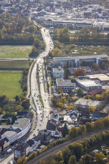 Aerial view, B63 Münsterstraße and Lippeaue in the district Heessen in Hamm, Ruhr area, North Rhine-Westphalia, Germany, DE, Europe, Hamm, aerial view, aerial photography, aerial photography, overview, bird's eye view, birds-eyes view, overview