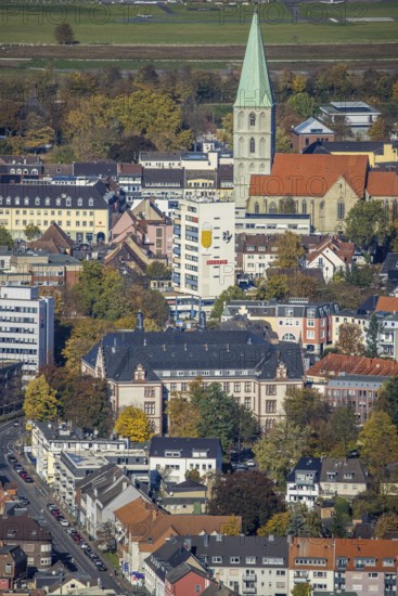 Aerial view, city centre view with former Isenbeck Brewery site and St. Paul's Church in the Rhynern district of Hamm, Ruhr area, North Rhine-Westphalia, Germany, place of worship, brewery, city, DE, Europe, religious community, place of worship, Hamm, holy site, city centre, church, church community, denomination, aerial view, aerial photography, aerial photography, religion, religious site, skyline, city centre, overview, bird's-eye view, bird's-eye view, overview