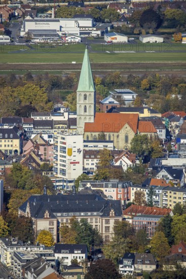 Aerial view, city centre view with former Isenbeck Brewery site and St. Paul's Church in the Rhynern district of Hamm, Ruhr area, North Rhine-Westphalia, Germany, place of worship, brewery, city, DE, Europe, religious community, place of worship, Hamm, holy site, city centre, church, church community, denomination, aerial view, aerial photography, aerial photography, religion, religious site, skyline, city centre, overview, bird's-eye view, bird's-eye view, overview