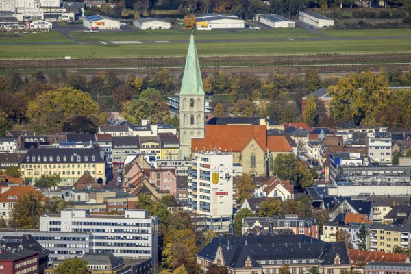 Aerial view, city centre view with former Isenbeck Brewery site and St. Paul's Church in the Rhynern district of Hamm, Ruhr area, North Rhine-Westphalia, Germany, place of worship, brewery, city, DE, Europe, religious community, place of worship, Hamm, holy site, city centre, church, church community, denomination, aerial view, aerial photography, aerial photography, religion, religious site, skyline, city centre, overview, bird's-eye view, bird's-eye view, overview