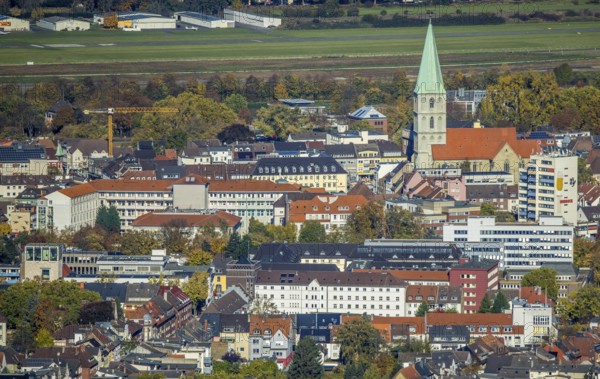 Aerial view, city centre view with former Isenbeck brewery location, St. Marien-Hospital Hamm and St. Paul's Church in the Rhynern district of Hamm, Ruhr area, North Rhine-Westphalia, Germany, place of worship, brewery, city, DE, Europe, religious community, place of worship, Hamm, holy place, city centre, church, church community, denomination, aerial view, aerial photography, aerial photography, religion, religious site, skyline, city centre, overview, bird's-eye view, bird's-eye view, overview
