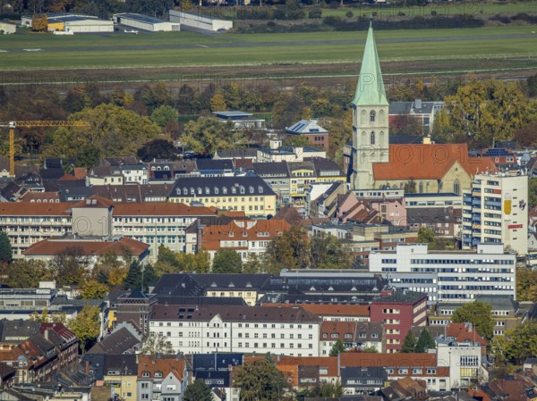 Aerial view, city centre view with former Isenbeck brewery location, St. Marien-Hospital Hamm and St. Paul's Church in the Rhynern district of Hamm, Ruhr area, North Rhine-Westphalia, Germany, place of worship, brewery, city, DE, Europe, religious community, place of worship, Hamm, holy place, city centre, church, church community, denomination, aerial view, aerial photography, aerial photography, religion, religious site, skyline, city centre, overview, bird's-eye view, bird's-eye view, overview