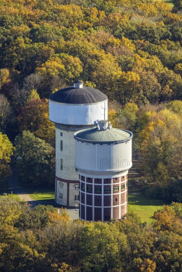 Aerial view, water towers Hamm-Berge in the district Pelkum in Hamm, Ruhr area, North Rhine-Westphalia, Germany, DE, Europe, Hamm, aerial view, aerial photography, aerial photography, drinking water reservoir, drinking water supply, tower, overview, bird's eye view, water tower, birds-eyes view, overview