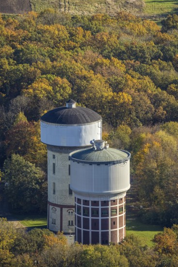 Aerial view, water towers Hamm-Berge in the district Pelkum in Hamm, Ruhr area, North Rhine-Westphalia, Germany, DE, Europe, Hamm, aerial view, aerial photography, aerial photography, drinking water reservoir, drinking water supply, tower, overview, bird's eye view, water tower, birds-eyes view, overview
