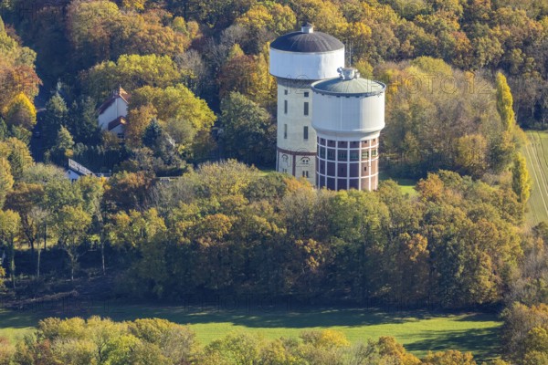 Aerial view, water towers Hamm-Berge in the district Pelkum in Hamm, Ruhr area, North Rhine-Westphalia, Germany, DE, Europe, Hamm, aerial view, aerial photography, aerial photography, drinking water reservoir, drinking water supply, tower, overview, bird's eye view, water tower, birds-eyes view, overview