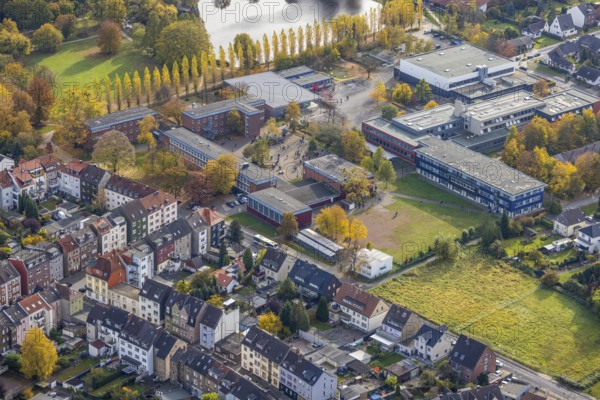 Aerial view, Märkisches Gymnasium and Friedrich-Ebert-Realschule in the district Pelkum in Hamm, Ruhr area, North Rhine-Westphalia, Germany, education, educational institution, DE, Europe, grammar school, Hamm, educational institute, aerial photograph, aerial photography, aerial photography, secondary school, school, overview, bird's eye view, birds-eyes view, overview