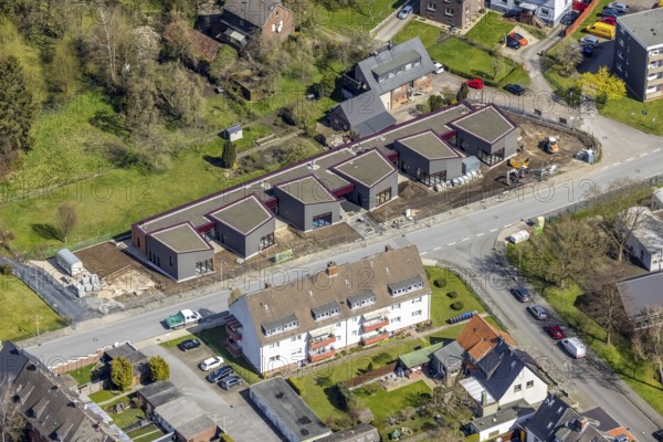 Aerial view, construction site, new building kindergarten Großer Sandweg, Bockum-Hövel, Hamm, Ruhr area, North Rhine-Westphalia, Germany, construction work, construction area, construction site, building plots, construction measure, construction project, construction site, DE, Europe, Gemeinnützige Baugesellschaft (HGB), kindergarten, day-care centre, day-care centre for children, aerial photograph, aerial photography, aerial photography, new building, overview, bird's-eye view, overview
