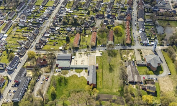 Aerial view, district centre Hamm-Norden, Church Maria Königin, Bockum-Hövel, Hamm, Ruhr area, North Rhine-Westphalia, Germany, place of worship, meeting centre, DE, Europe, religious community, place of worship, holy place, church, church community, denomination, aerial view, aerial photography, aerial photography, religion, religious site, social work, social rooms, social welfare, overview, event location, event centre, bird's eye view, birds-eyes view, overview