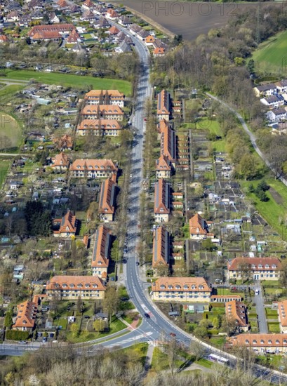 Aerial view, Vogelsang housing estate, former miners' housing estate, Heessen, Hamm, Ruhr area, North Rhine-Westphalia, Germany, DE, Europe, property tax, real estate, aerial view, aerial photography, aerial photography, overview, bird's-eye view, housing estate, housing and living, residential area, residential buildings, housing quality, residential neighbourhood, housing estate, birds-eyes view, overview