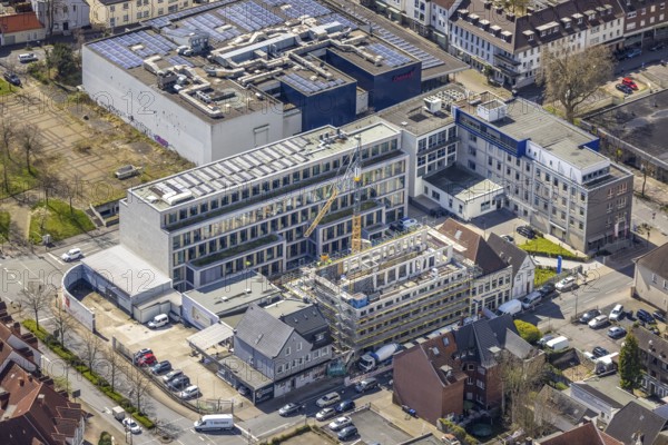 Aerial photo, Widumstraße construction site for new WA office building, Westfälischer Anzeiger, Radio Lippewelle Hamm in Mitte, Hamm, Ruhr area, North Rhine-Westphalia, Germany, construction work, construction area, construction site, building plots, construction project, construction site, DE, Europe, commercial enterprises, commercial area, commercial area, commercial site, commercial use, industrial building, industrial site, aerial view, aerial photography, aerial photography, new building, photovoltaic, photovoltaic plant, solar, solar plant, solar energy, solar energy, Stadtanzeiger Hamm, overview, bird's-eye view, newspaper publisher, birds-eyes view, overview