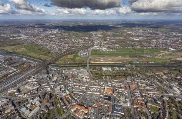 Aerial view, city centre view with market place and St. Paul's church, airfield and Lippe floodplain, Heessen, Hamm, Ruhr area, North Rhine-Westphalia, Germany, place of worship, city, DE, Europe, airfield, religious community, place of worship, holy place, city centre, church, church community, denomination, aerial view, aerial photography, aerial photography, market place, view of a place, religion, religious place, townscape, city area, city centre, overview, bird's eye view, birds-eyes view, overview