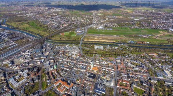 Aerial view, city centre view with market place and St. Paul's church, airfield and Lippe floodplain, Heessen, Hamm, Ruhr area, North Rhine-Westphalia, Germany, place of worship, city, DE, Europe, airfield, religious community, place of worship, holy place, city centre, church, church community, denomination, aerial view, aerial photography, aerial photography, market place, view of a place, religion, religious place, townscape, city area, city centre, overview, bird's eye view, birds-eyes view, overview
