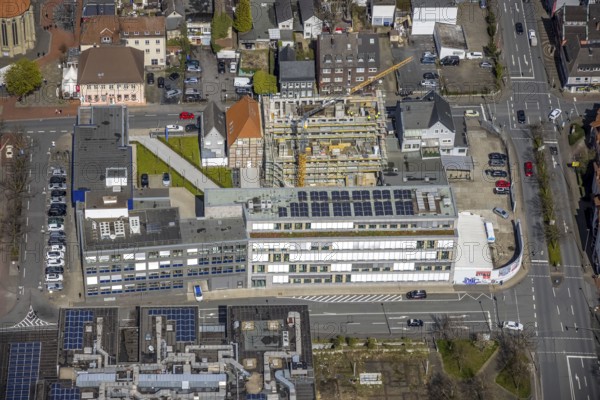 Aerial photo, Widumstraße construction site for new WA office building, Westfälischer Anzeiger, Radio Lippewelle Hamm in Mitte, Hamm, Ruhr area, North Rhine-Westphalia, Germany, construction work, construction area, construction site, building plots, construction project, construction site, DE, Europe, commercial enterprises, commercial area, commercial area, commercial site, commercial use, industrial building, industrial site, aerial view, aerial photography, aerial photography, new building, photovoltaic, photovoltaic plant, solar, solar plant, solar energy, solar energy, Stadtanzeiger Hamm, overview, bird's-eye view, newspaper publisher, birds-eyes view, overview